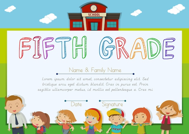 Бесплатное векторное изображение Диплом пятого класса с учителями и детьми