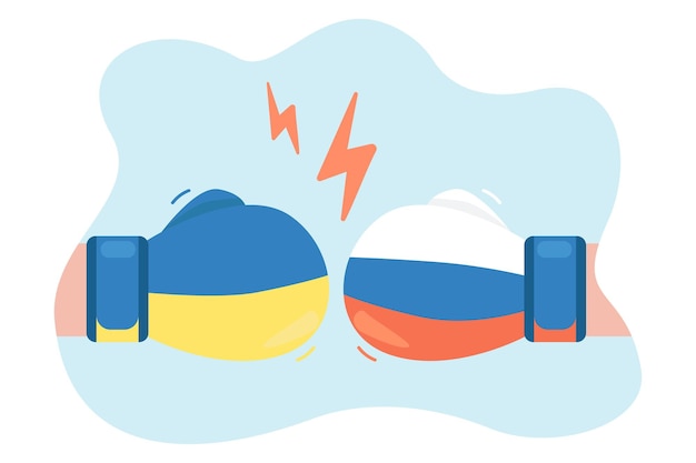Бой против боксерских перчаток с флагами Украины и России. Конфликт между двумя странами плоская векторная иллюстрация. Концепция войны, насилия для баннера, дизайна веб-сайта или целевой веб-страницы