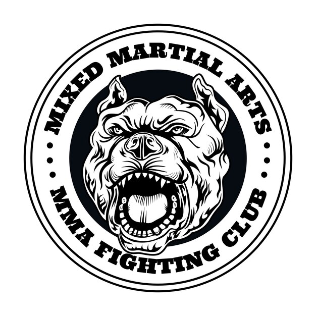 怒っている犬とクラブのロゴを戦う。怒っている犬とのキックボクシングとファイティングクラブのロゴ。孤立したベクトル図