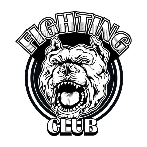 Fight club logo with bulldog. Boxing and fighting club logo with angry dog. Isolated vector illustration