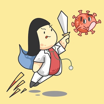 중국 인종 만화 벡터 일러스트와 함께 코로나 의사 소녀 싸움