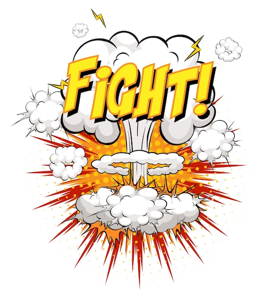 Free vector fight text on comic cloud explosion isolated on white background