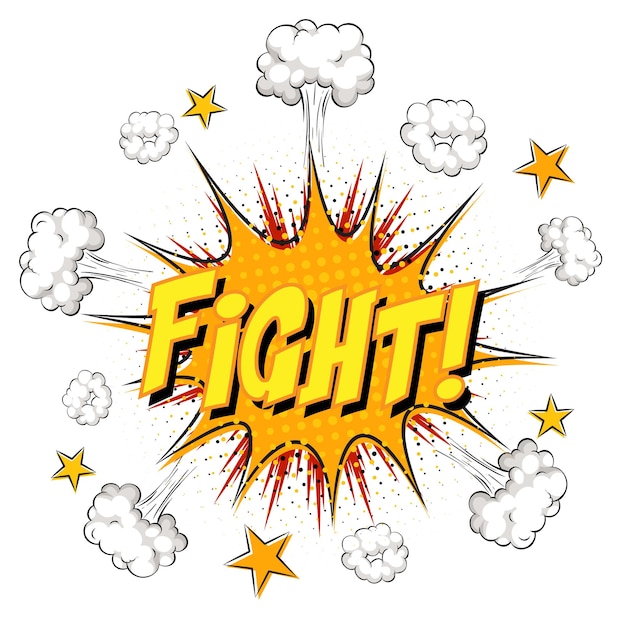 Fight text on comic cloud explosion isolated on white background