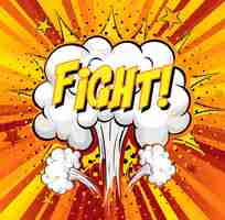 Free vector fight text on comic cloud explosion on rays background