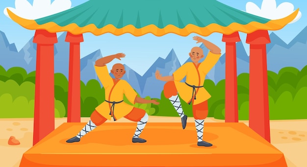 Бесплатное векторное изображение Плоская композиция бойцов с человеческими персонажами двух бойцов в беседке с пейзажем на открытом воздухе и векторной иллюстрацией гор