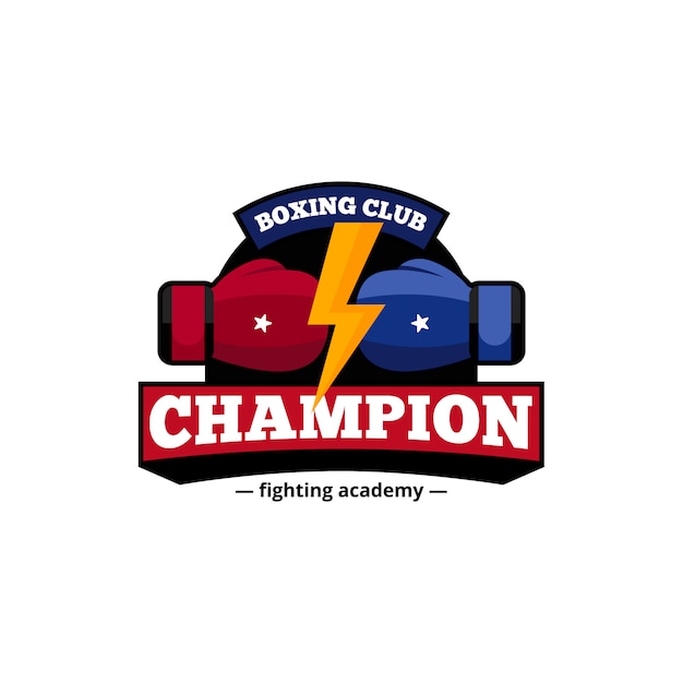 Free vector fighting academy boxing champions club logo design in blue and red with golden lightning flat abstract vector illustration