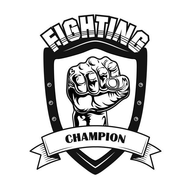 Fighting champion symbol vector illustration. Fists on heraldry ir patch, text on ribbon