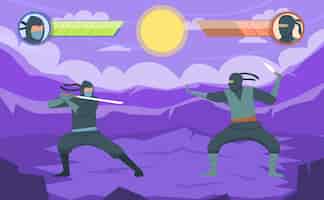 Free vector fighting game scene with two ninja warriors with sword and dagger flat vector illustration