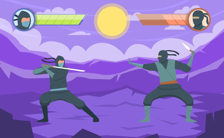 Бесплатный Вектор сцена боевой игры с двумя воинами-ниндзя с плоской векторной иллюстрацией меча и кинжала