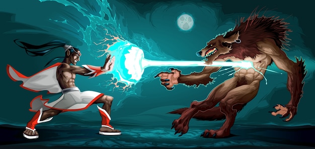 Fighting scene between elf and werewolf