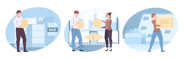 File set of three isolated compositions of flat human characters holding document pictograms with office scenery illustration