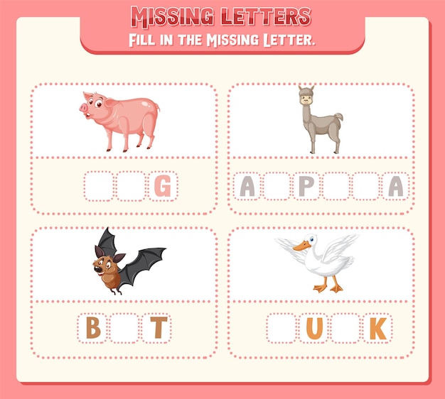 Fill the missing letter of each word worksheet for children