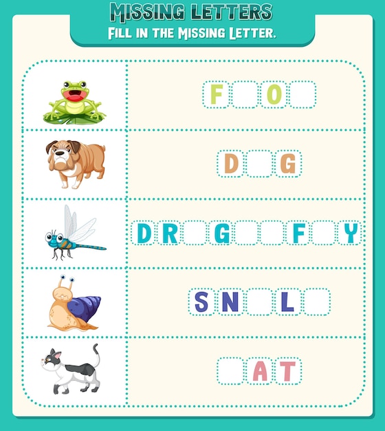 Fill the missing letter of each word worksheet for children