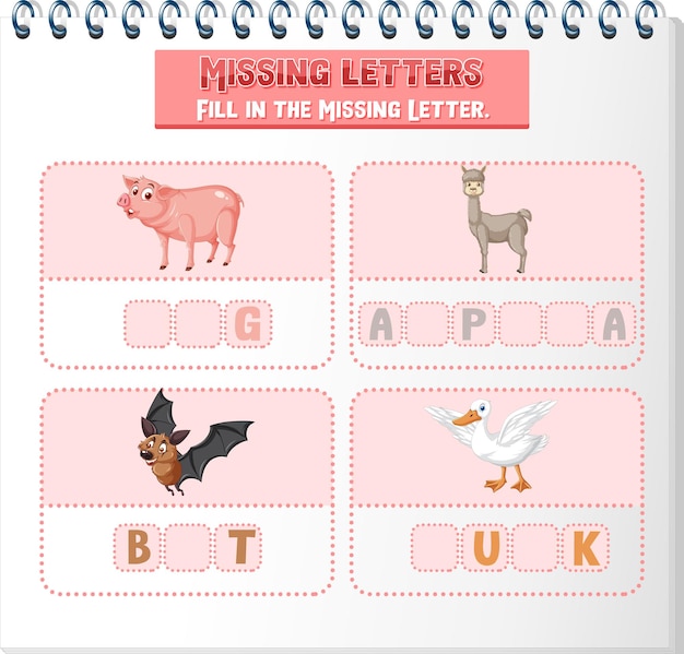 Free vector fill the missing letter of each word worksheet for children