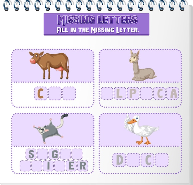 Free vector fill the missing letter of each word worksheet for children