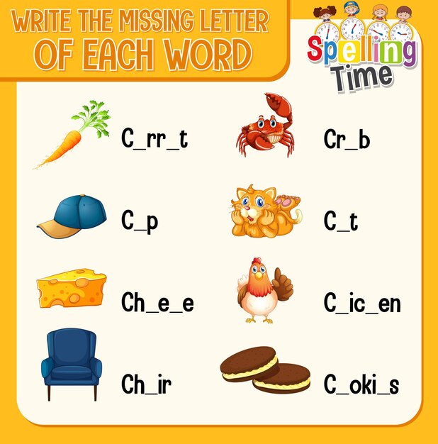 Fill the missing letter of each word worksheet for children