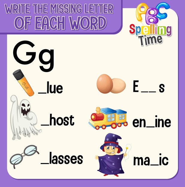 Fill the missing letter of each word worksheet for children