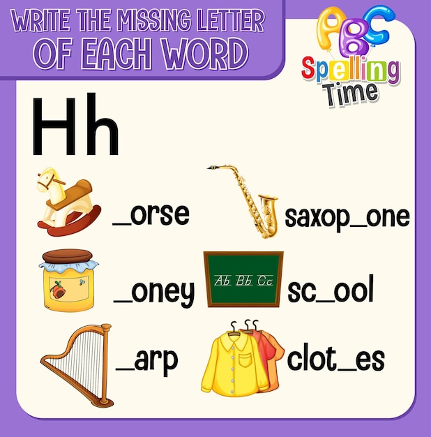 Fill the missing letter of each word worksheet for children