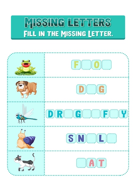 Fill the missing letter of each word worksheet for children