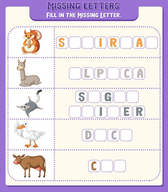 Fill the missing letter of each word worksheet for children