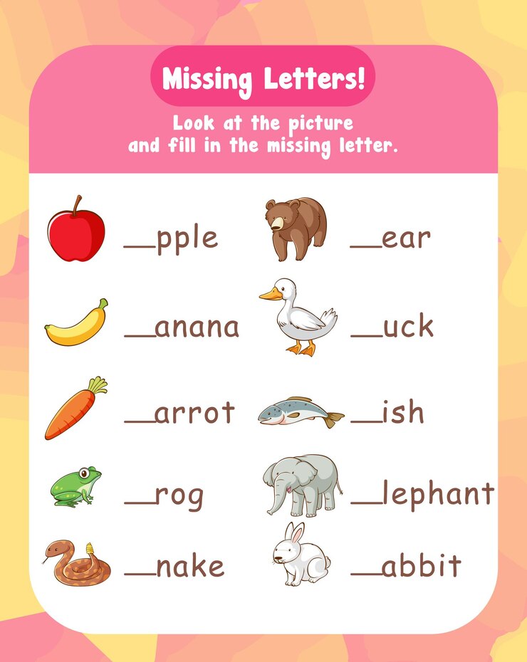 मुफ़्त वेक्टर fill in the missing letter worksheet template