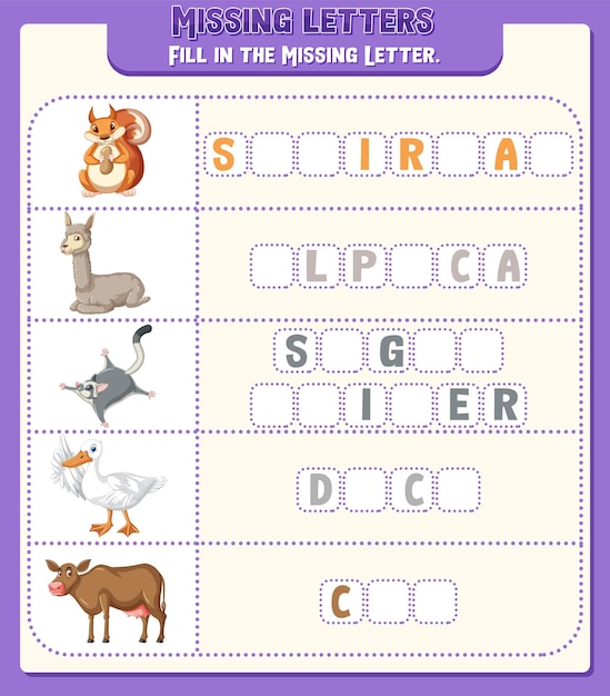 Бесплатное векторное изображение Заполните пропущенную букву каждого слова на листе для детей