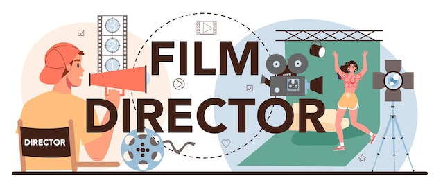 映画監督の活版印刷のヘッダー撮影プロセスをリードする映画監督映画製作のためのクラッパーとカメラ機器創造的な人々と職業のアイデアフラットベクトルイラスト