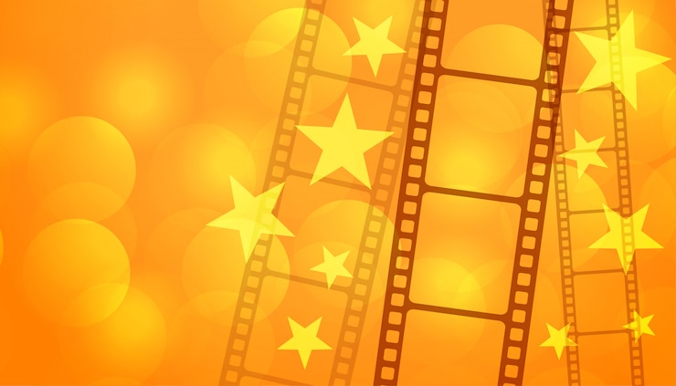 Free Vector film reel strip with stars cinema background