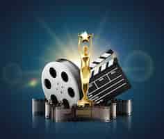 Free vector film stripes reels realistic composition with light glows and golden figurine award with clapper and bobbin