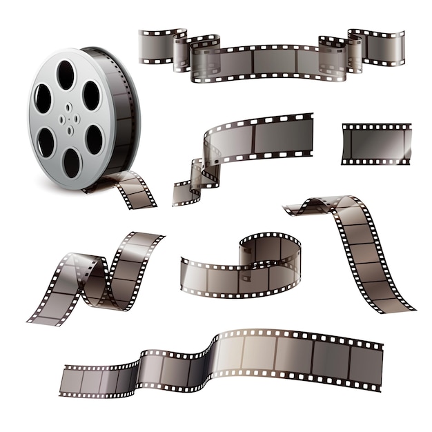 Film stripes reels realistic set of isolated images on blank background with reel curves and bobbin vector illustration