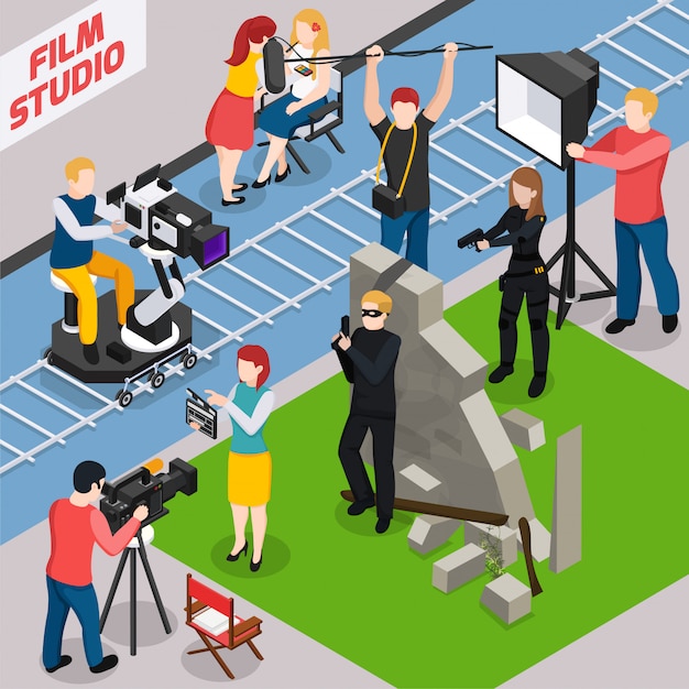 Film studio isometric composition with actors videographers sound engineer and illuminator during movie making