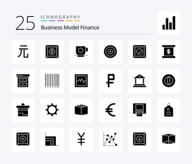 Vettore gratuito finance 25 solid glyph icon pack che include l'obiettivo della scatola della tazza consegnata dall'azienda