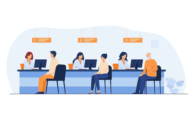 Free vector finance managers working with clients isolated flat vector illustration. cartoon people sitting in bank office for money exchange.