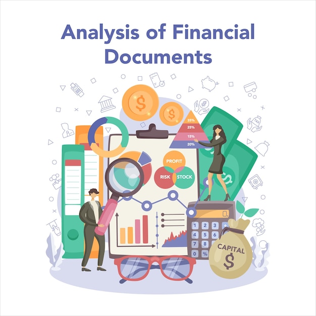 Free vector financial advisor or financier concept business character making banking operations and exchange control financial managemet analysis and budgeting isolated flat vector illustration