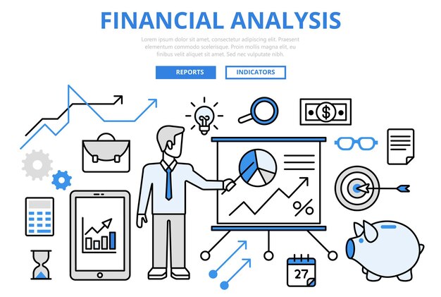 재무 분석 사업 보고서 금융 그래픽 개념 플랫 라인 아트 아이콘.