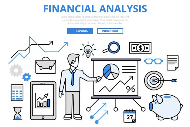 財務分析ビジネスレポート財務グラフィックコンセプトフラットラインアートアイコン。