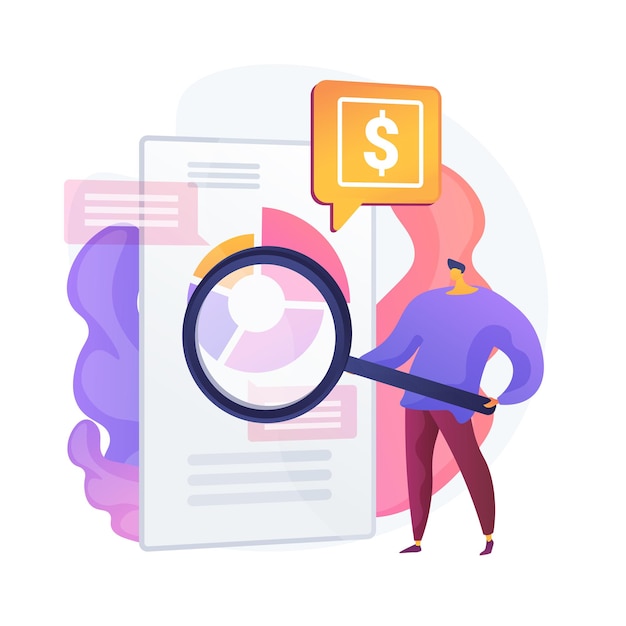 Financial analysis. man cartoon character with magnifying glass analyzing circular diagram with colorful segments. assessment, audit, research. vector isolated concept metaphor illustration