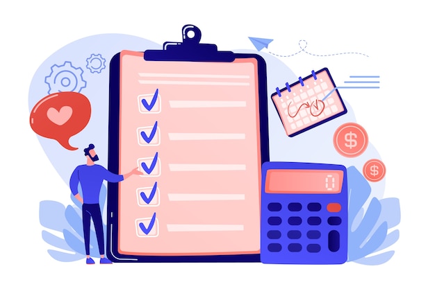 Free vector financial analyst planning at checklist on clipboard, calculator and calendar. budget planning, balanced budget, company budget management concept illustration