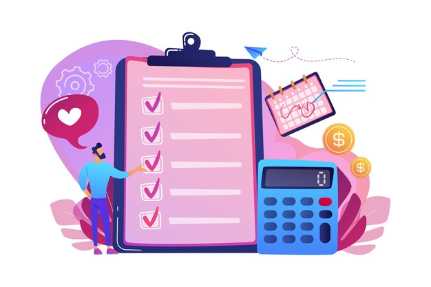 Financial analyst planning at checklist on clipboard, calculator and calendar. Budget planning, balanced budget, company budget management concept.  