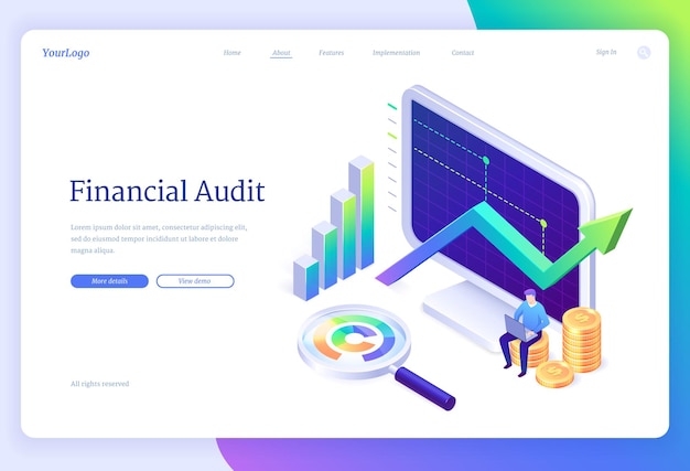 無料ベクター 会計監査のアイソメトリックランディングページまたはwebバナー