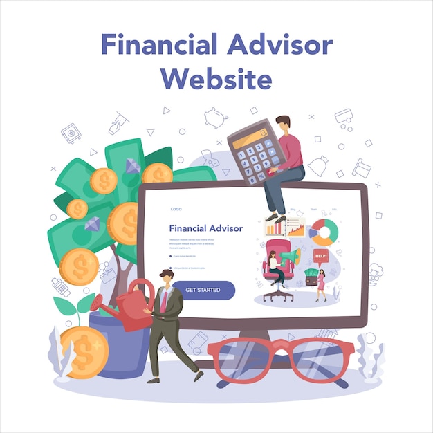 Financial consultant online service or platform business character analysing financial program for a company development website flat vector illustration