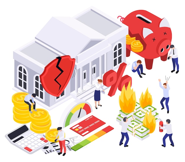 Бесплатное векторное изображение Финансовый кризис, инфляция, изометрическая композиция с классическим зданием, сжигающим деньги, сломанные копилки, люди в спешке, векторная иллюстрация