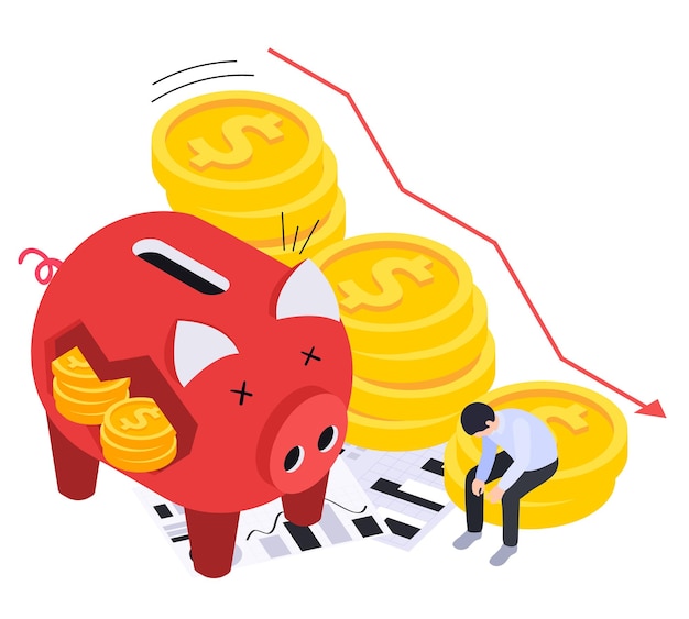 Free vector financial crisis inflation isometric composition with sad broker character down growing coins and damaged piggy bank vector illustration