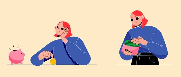 Financial crisis or wealth family budget bankruptcy and savings concept Sad woman with coin and broken piggy bank happy girl counting money income in wallet Line art flat vector illustration