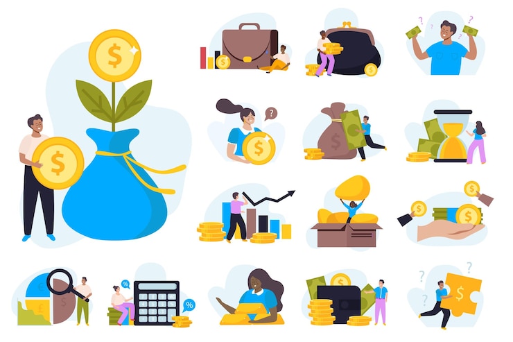 Free Vector financial diversification set with plan and strategy symbols flat isolated vector illustration