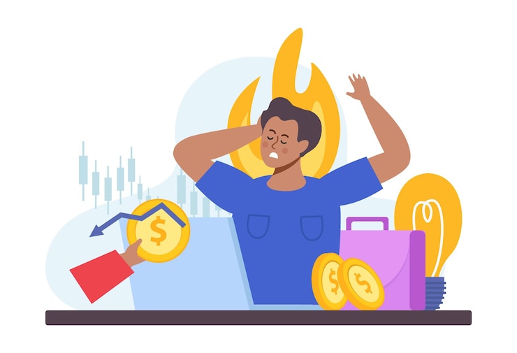 Free Vector financial instability flat icons composition with doodle character of broker on fire with coins and stocks vector illustration