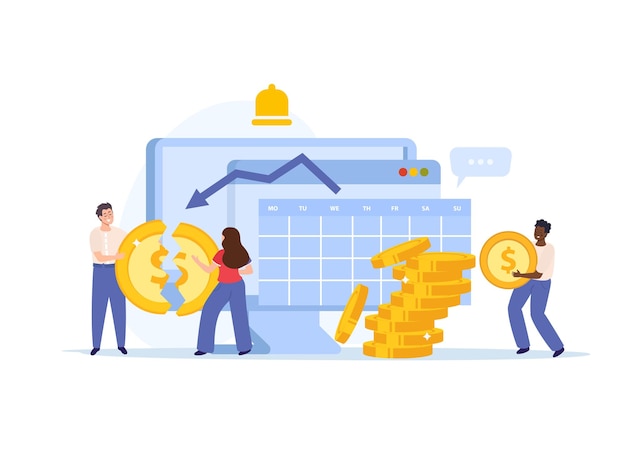 Free vector financial instability flat icons composition with doodle workers separating coin with downward stocks graph and reminder vector illustration