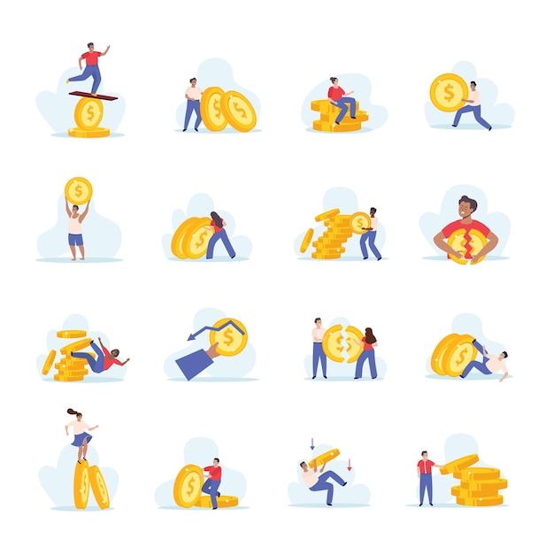 Free vector financial instability set of flat isolated icons with doodle characters of distracted workers with falling coins vector illustration