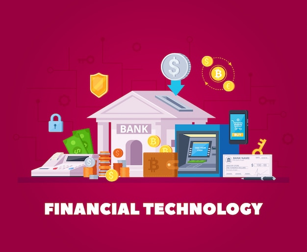 Manifesto ortogonale piano del fondo della composizione in tecnologie elettroniche dell'istituto finanziario con acquisto online dello smartphone di transazioni bancarie