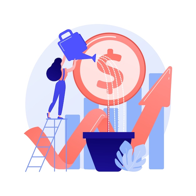 Free vector financial investment. market trends analysis, investing in lucrative areas, focusing on profitable projects. businesswoman funding business project concept illustration